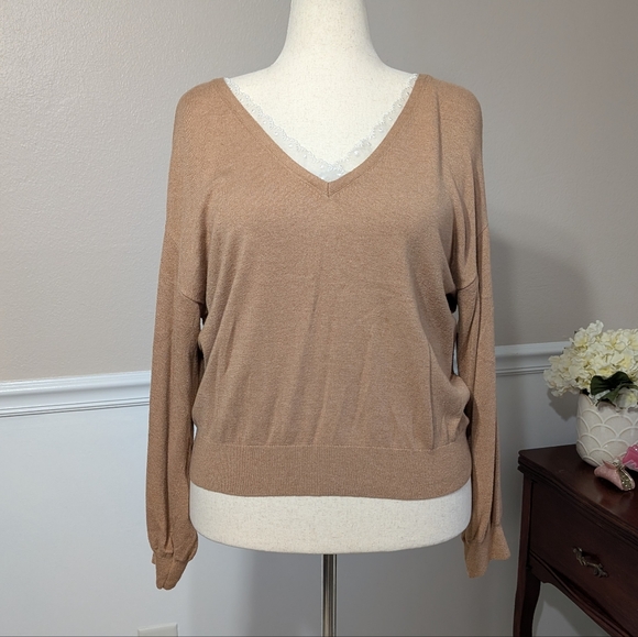 Ann Taylor Sweaters - 3/$30 Ann Taylor Tan Lace Trimmed V Neck Sweater